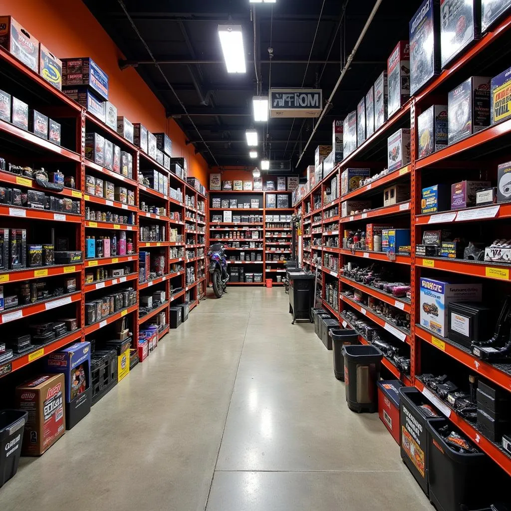 Performance parts on display shelves