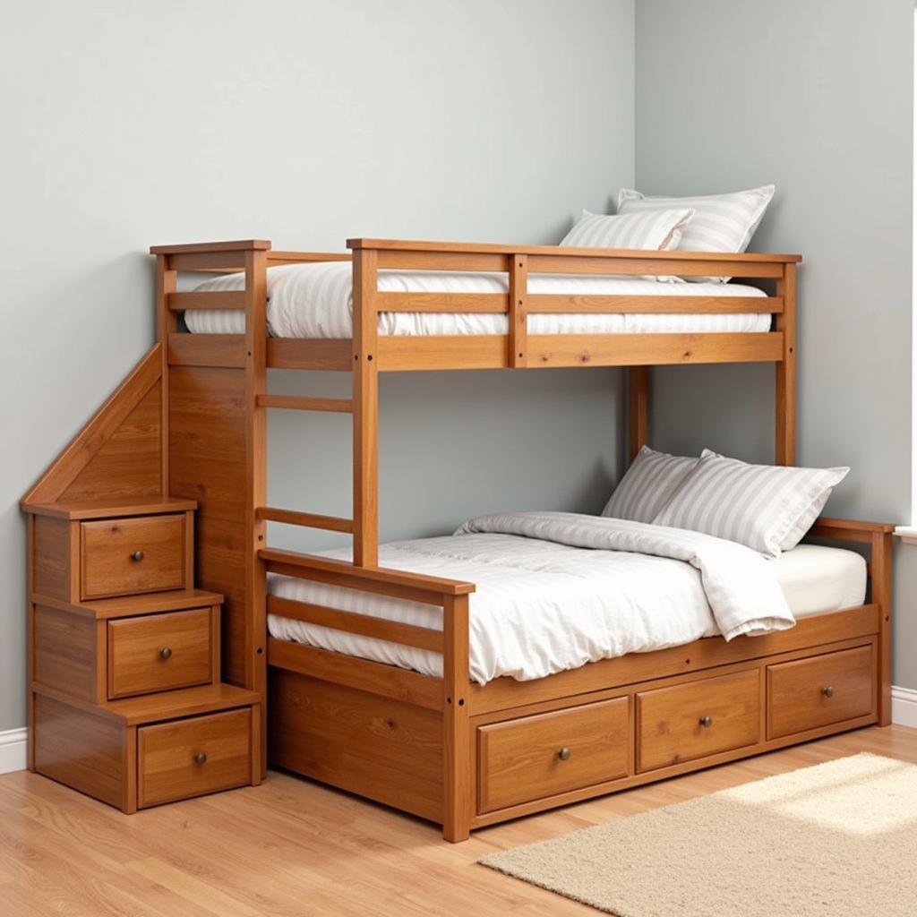 Perpendicular bunk bed with storage-integrated stairs