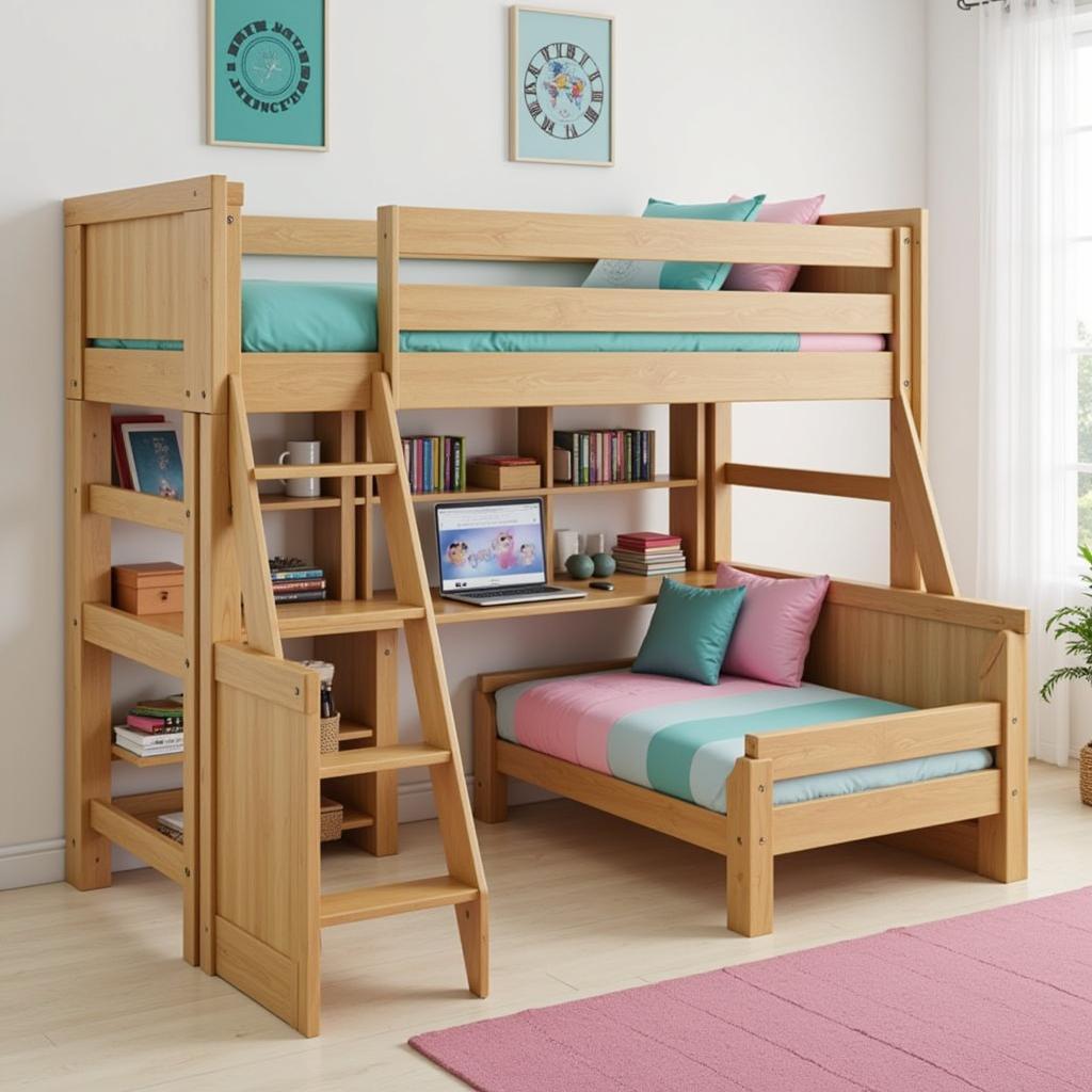 Perpendicular bunk bed with integrated study area