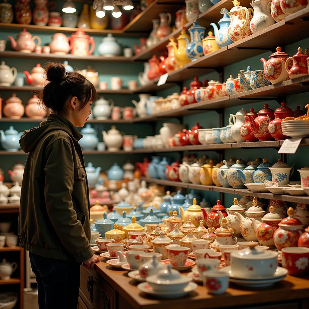 Person browsing tea sets in a shop