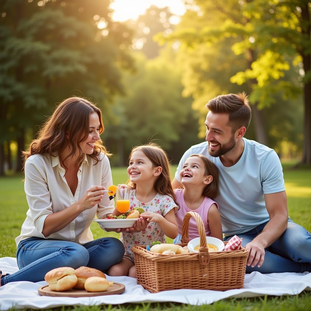 Family of 4 Enjoying a Meal with their Picnic Basket