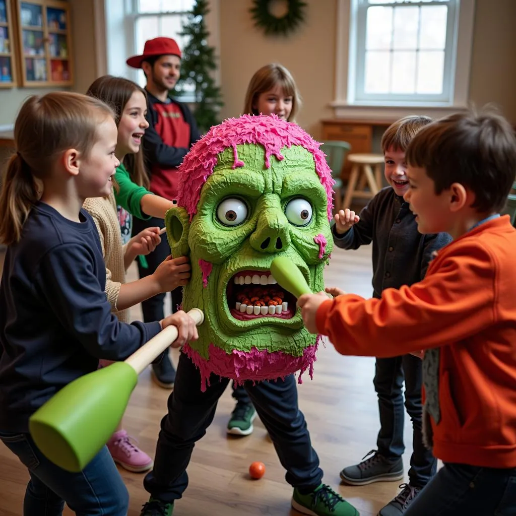 Kids dressed as zombies hitting a pinata