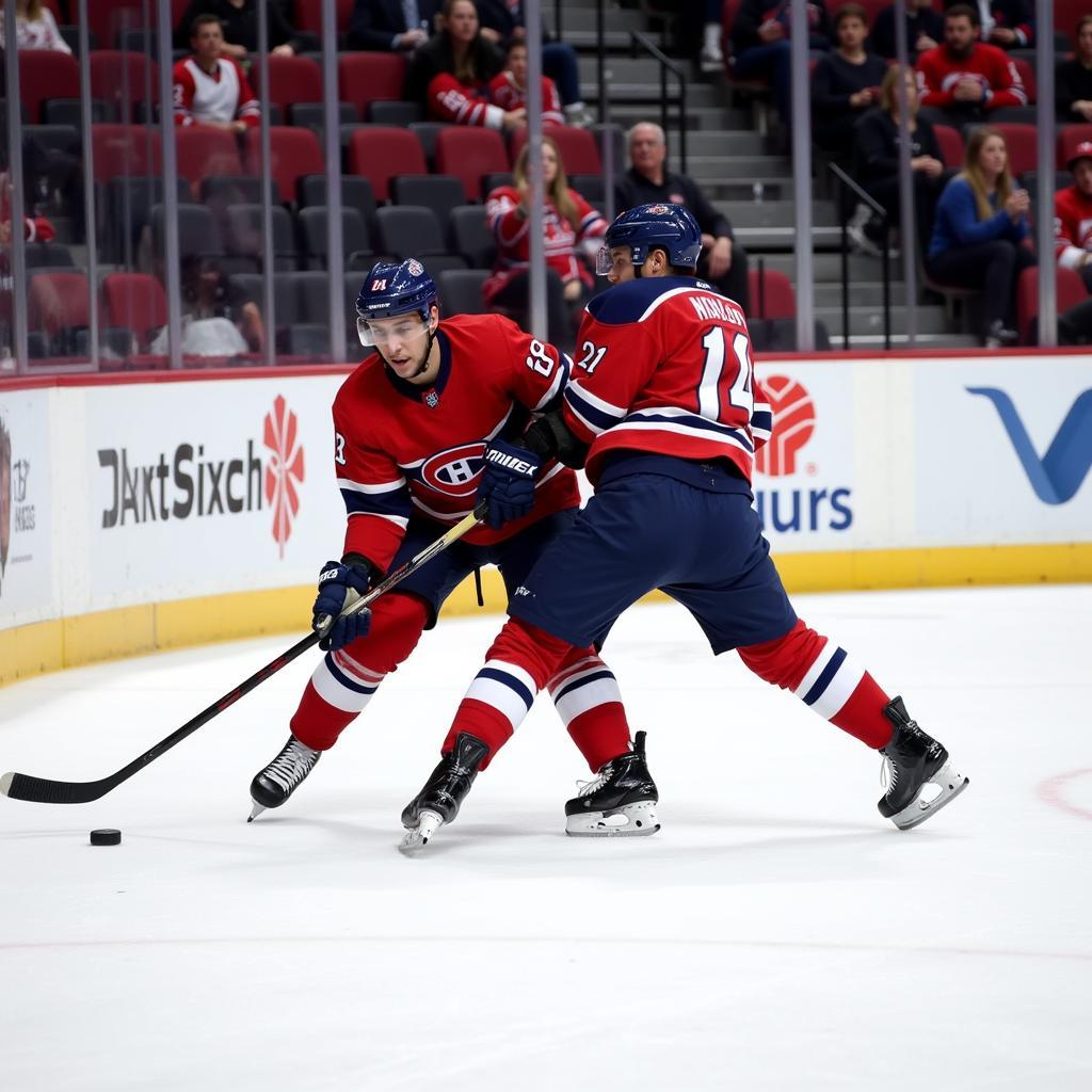 Hockey player skillfully protecting the puck from an opponent within the skating box.