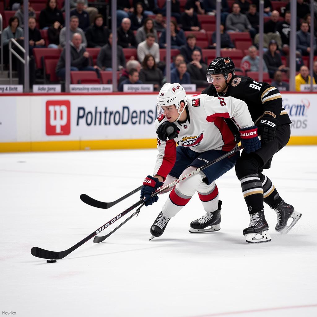 Hockey players battling for puck possession within the skating box.