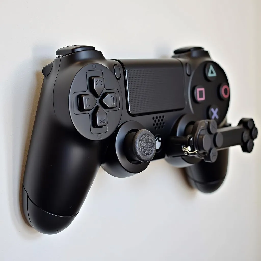 Custom-built wall shelf shaped like the iconic PlayStation controller, displaying a collection of controllers.