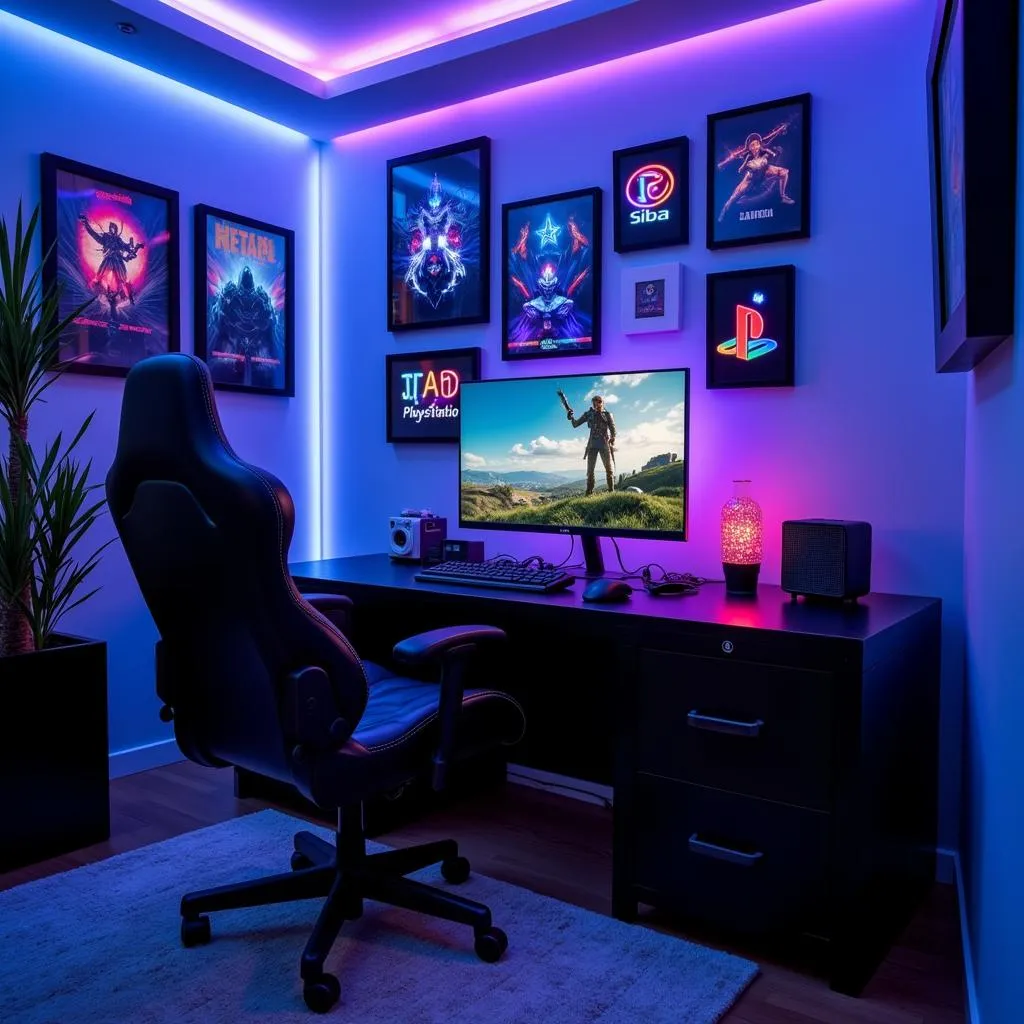 Modern PlayStation gaming room setup with LED lighting and wall decor.