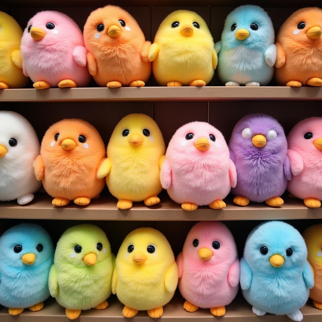 Colorful plush eggs displayed on a shelf