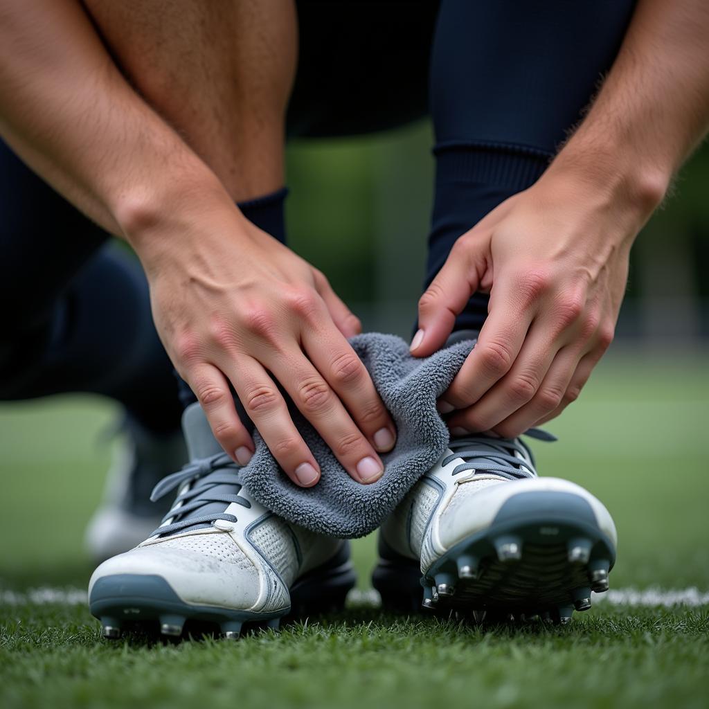 Athlete meticulously cleaning their gear with a polishing rag