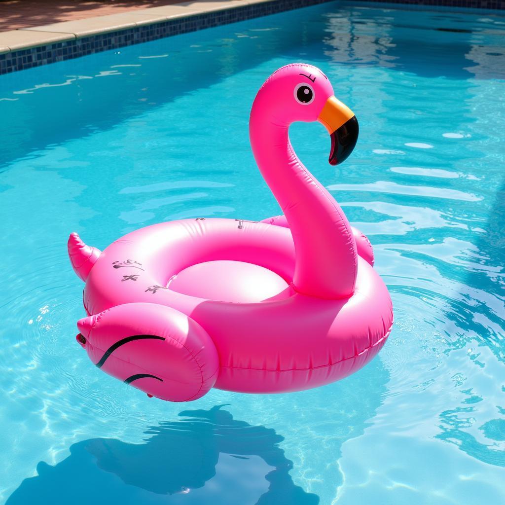 A pink flamingo pool float floating on a sparkling blue pool