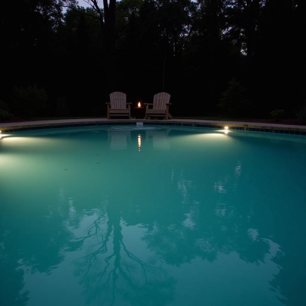 Underwater spotlights illuminate a swimming pool at night, creating a mesmerizing ambiance.