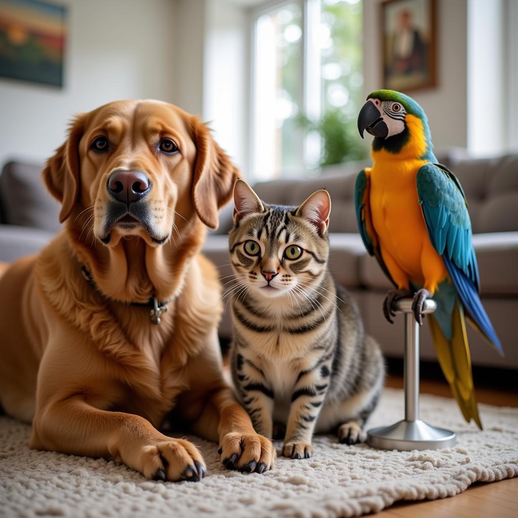 Popular household pets: A dog, a cat, and a bird sitting together