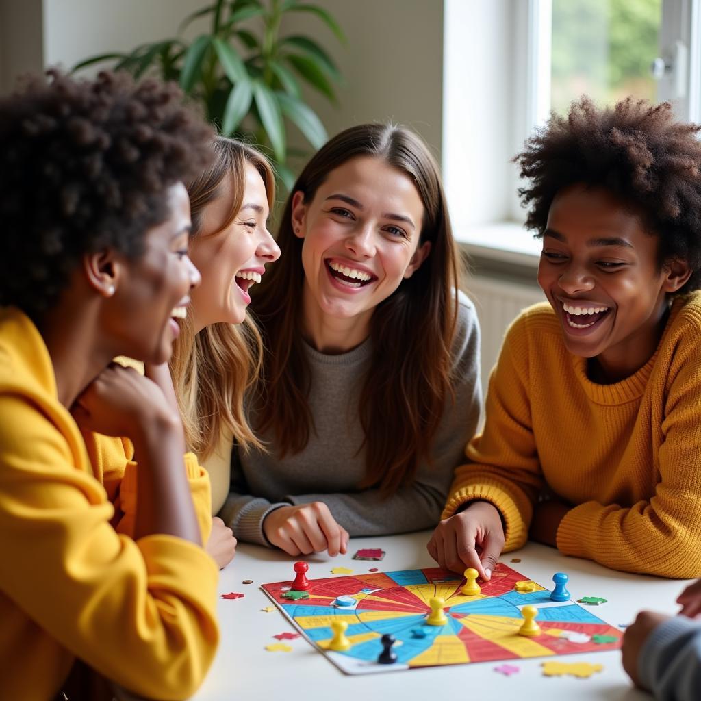 A diverse group of friends laughing and playing a board game together