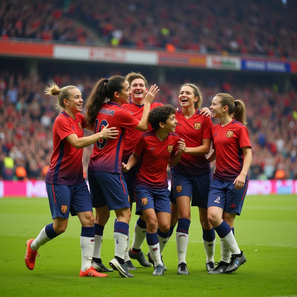 Pro 23 soccer team celebrating a goal with their fans