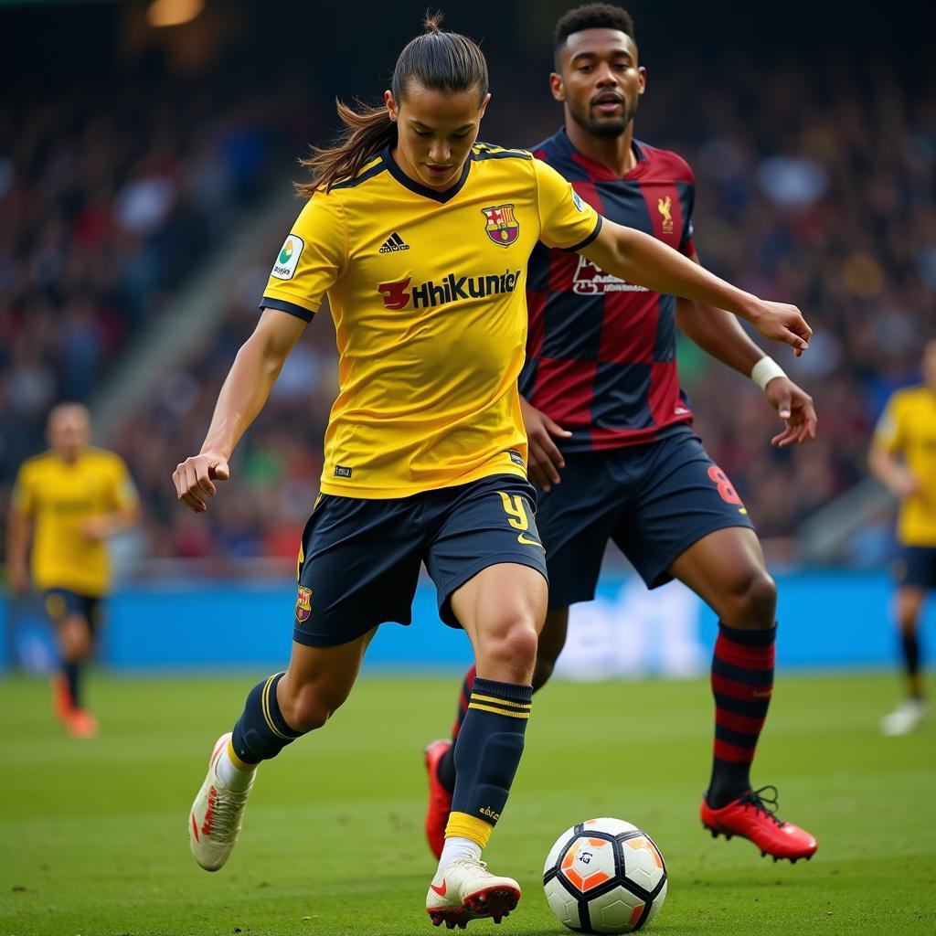 Professional Football Player Wearing Cup Boots While Dribbling