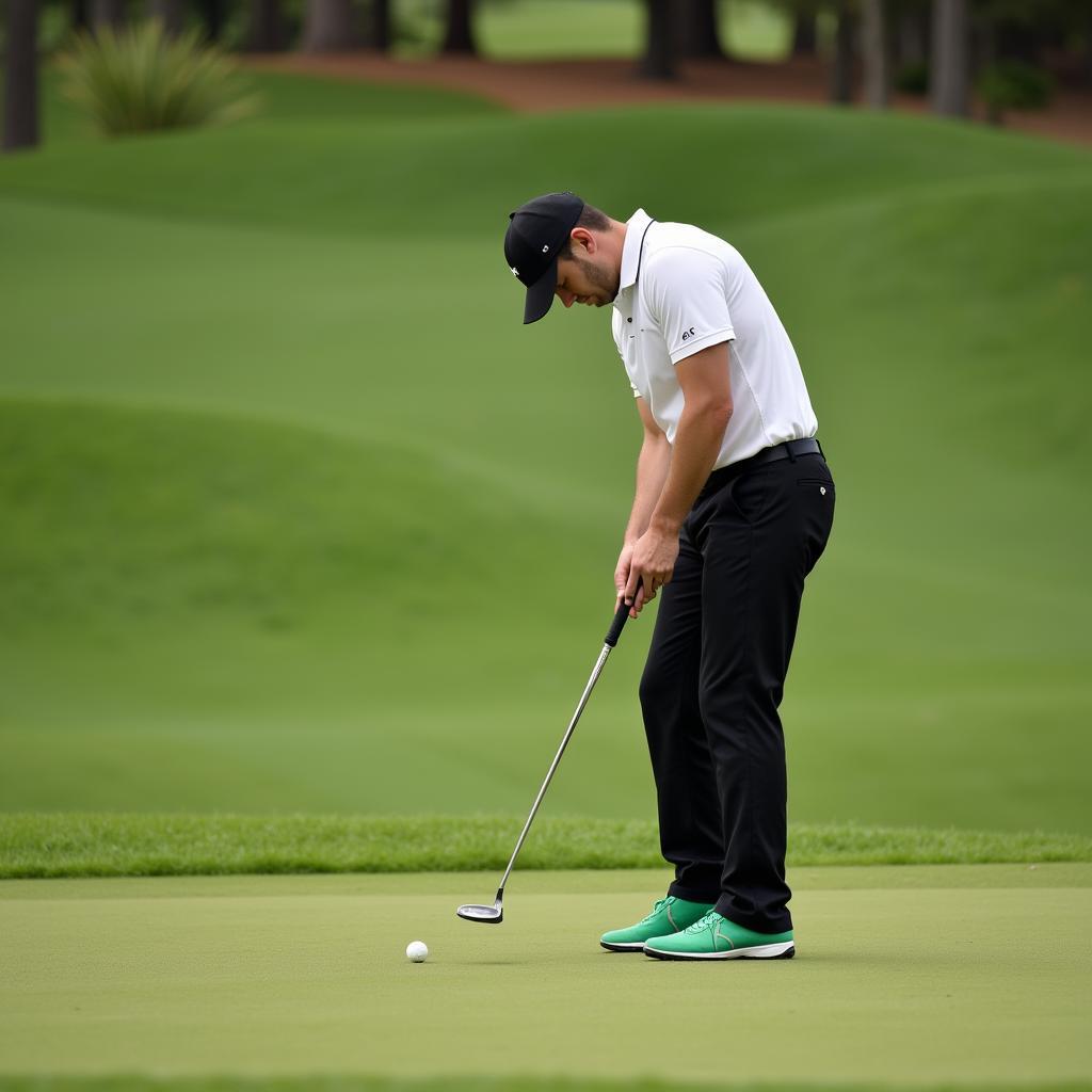 A professional golfer lines up his putt while wearing green golf shoes.