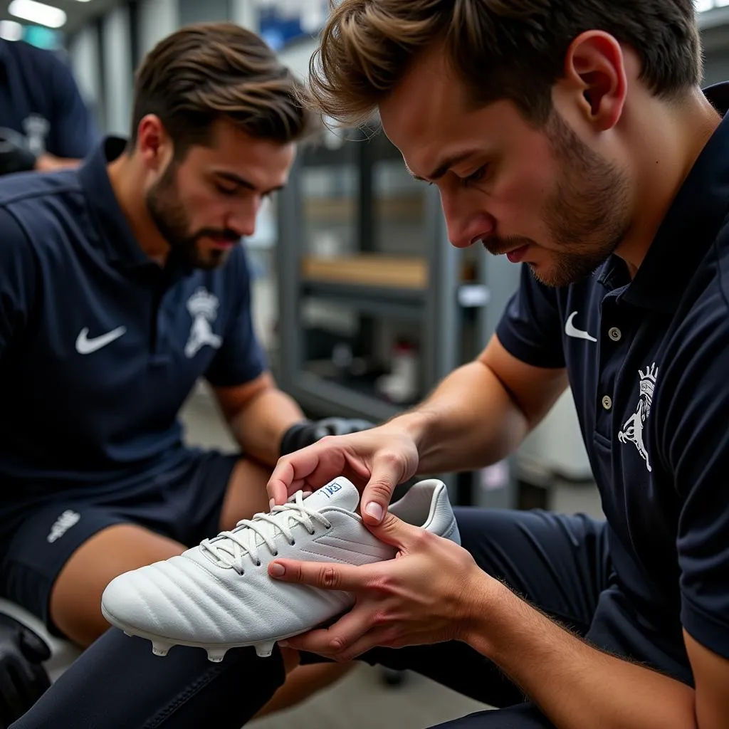 Professional measuring a football player's foot for custom boots