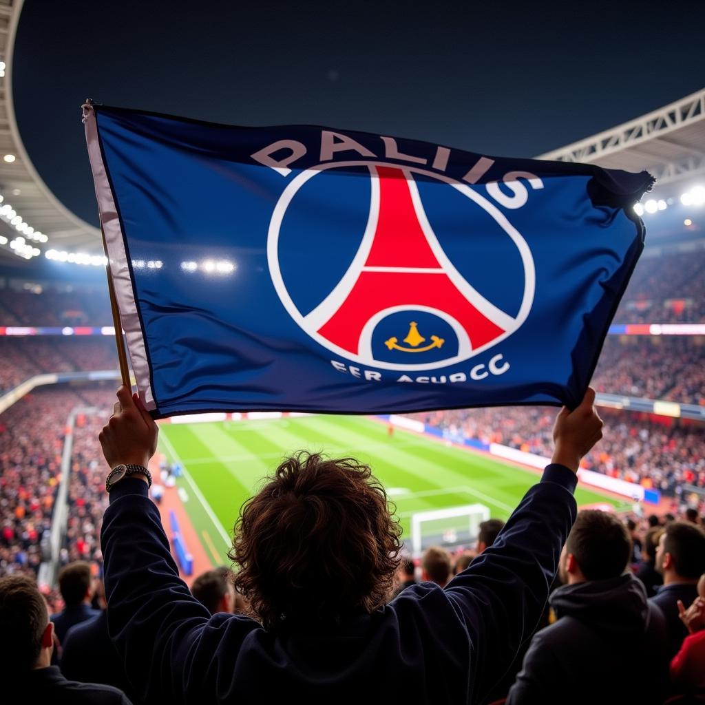 PSG flag waving proudly in the stands of the Parc des Princes stadium