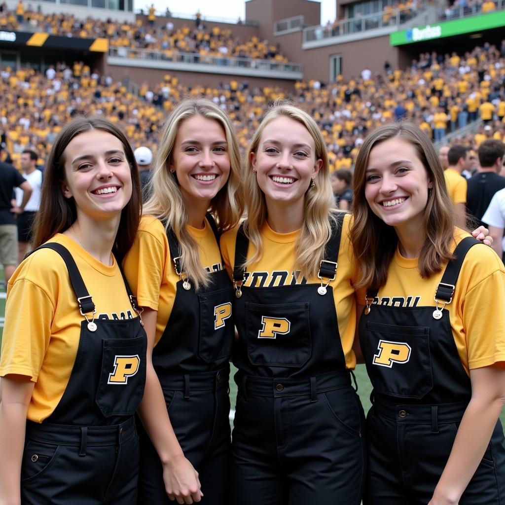 Purdue students wearing overalls at a game