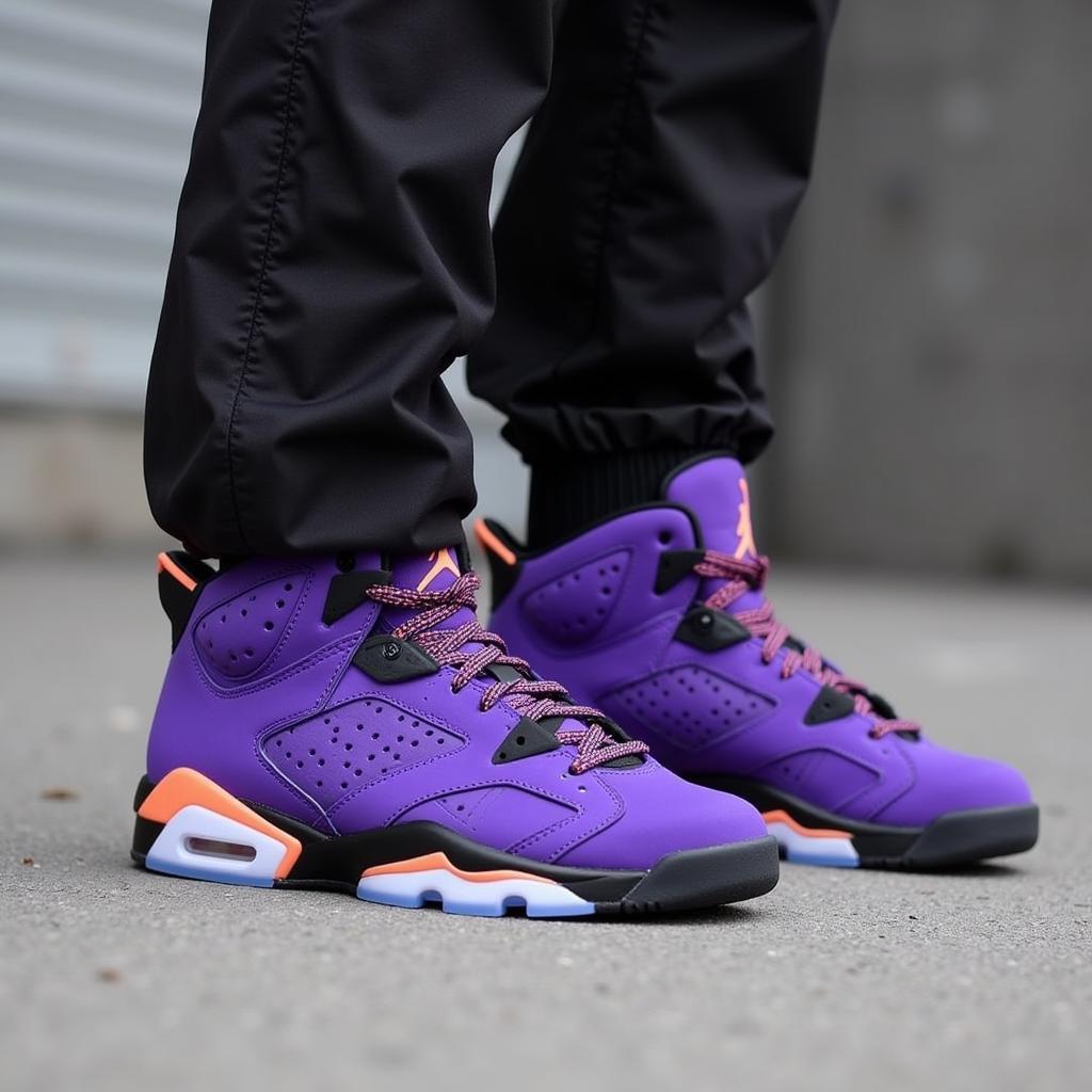 A Close-Up of Purple and Black Jordan 6s on Feet