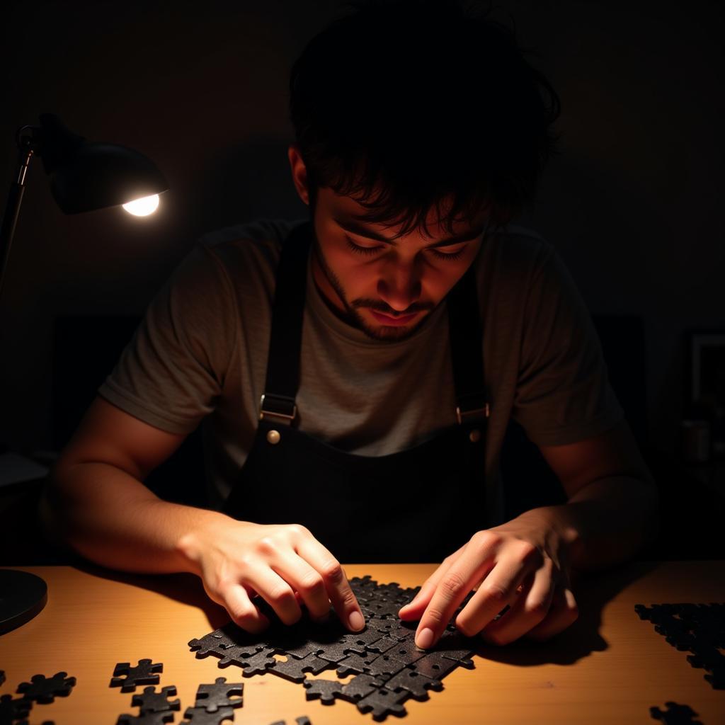 Person working on a black puzzle with a lamp