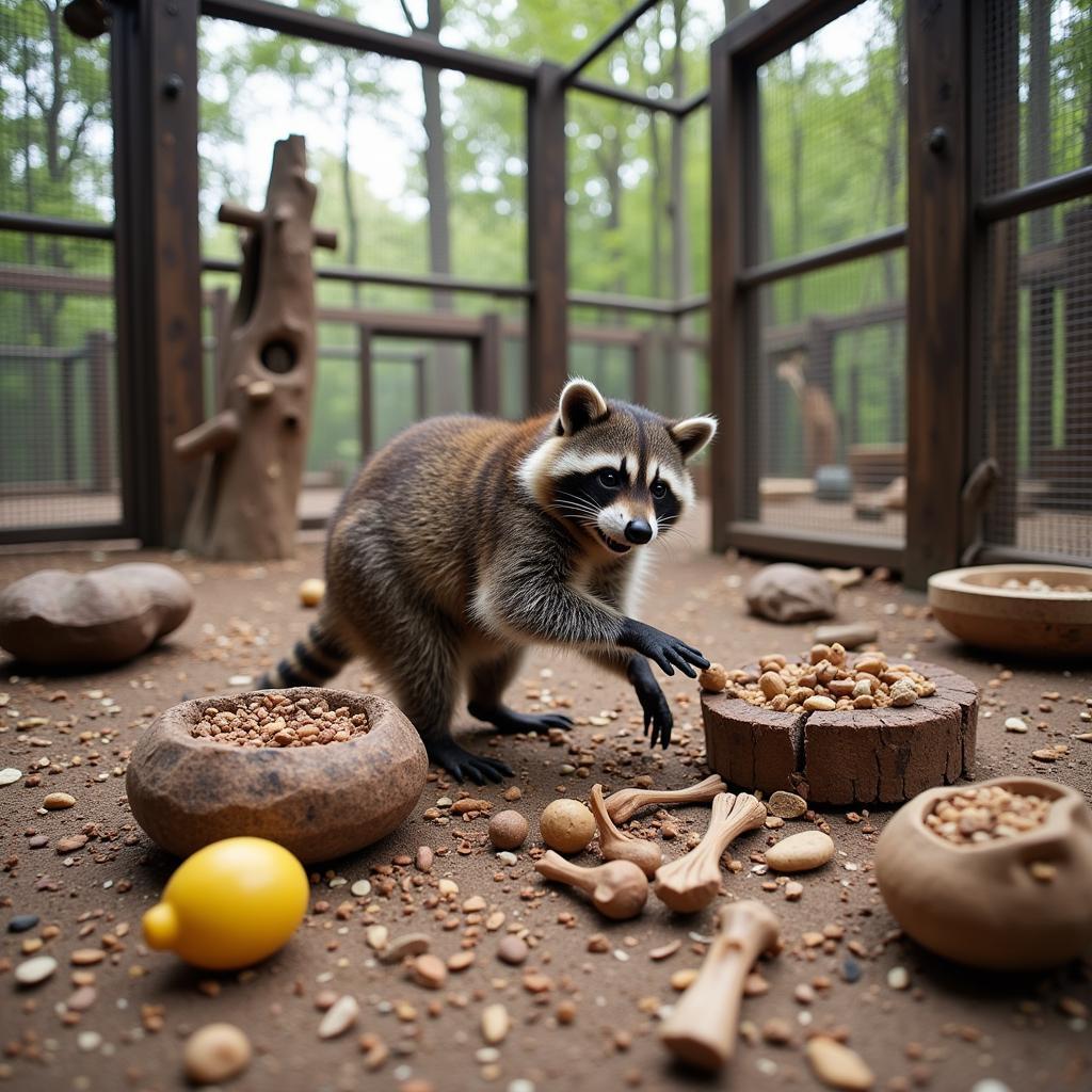 Raccoon engaging with enrichment items in its enclosure