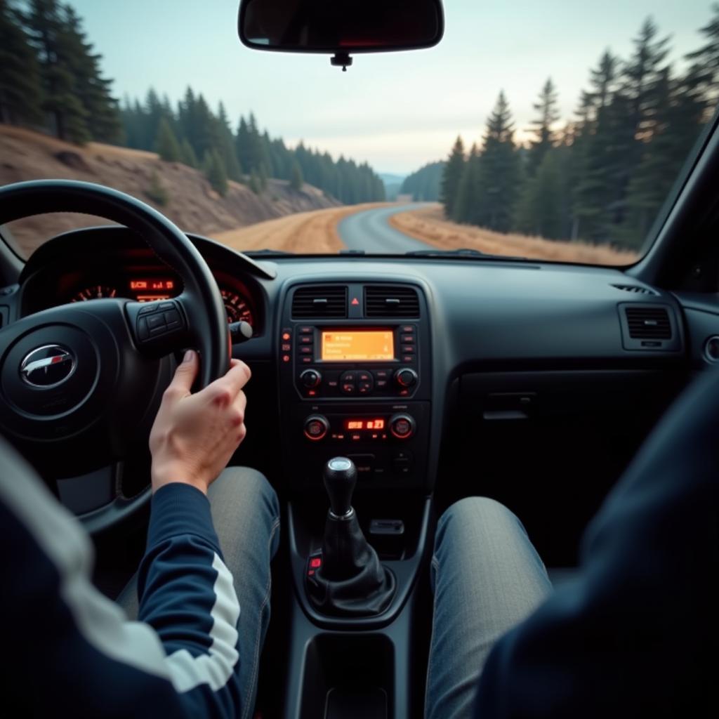 Rally car driver using a rally shifter during a race