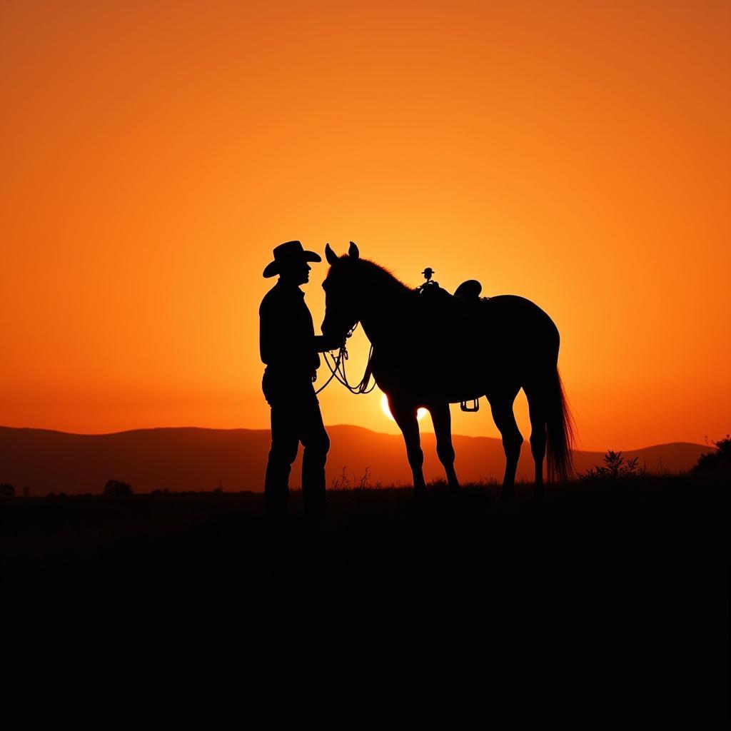 A rancher and his horse silhouetted against a vibrant sunset