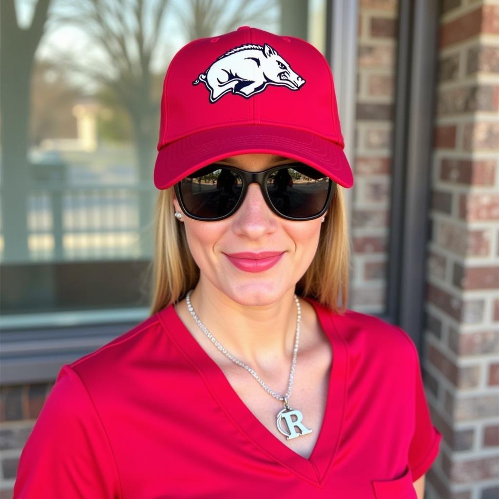 Woman sporting a Razorback baseball cap and sunglasses