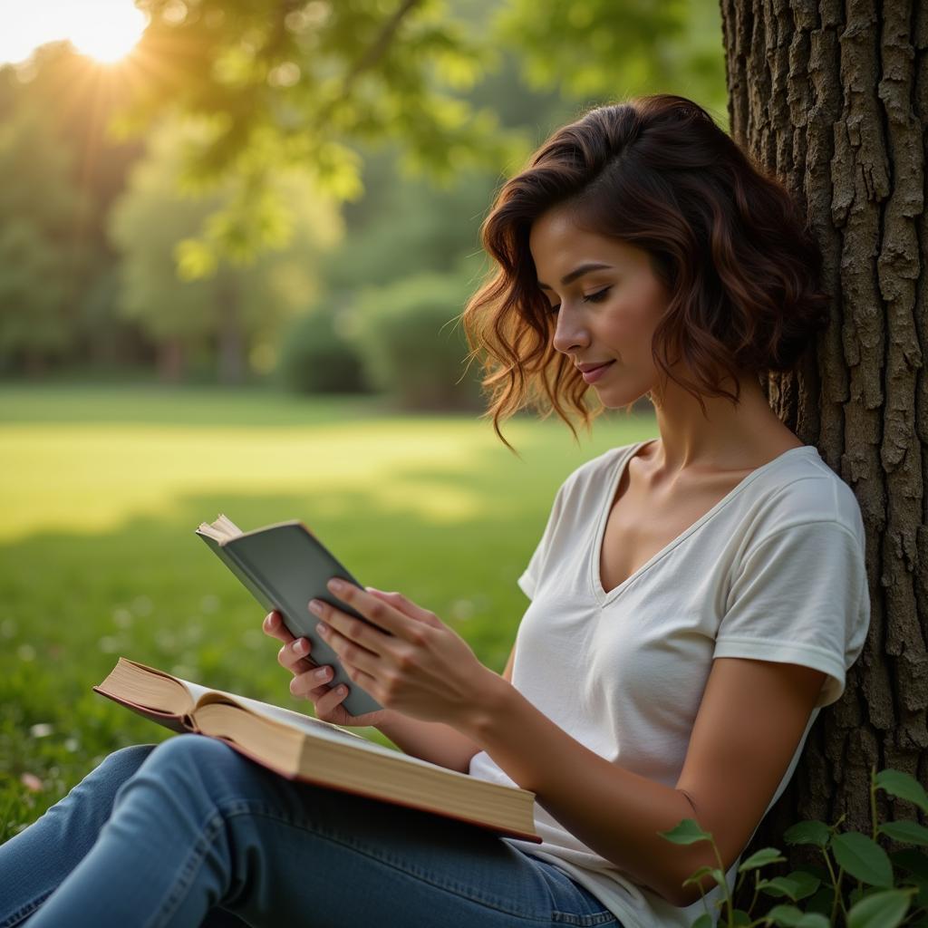 A person curled up with a simple living book surrounded by nature