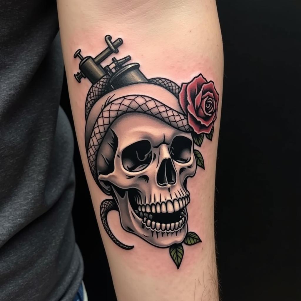 Realistic black and gray tattoo gun skull