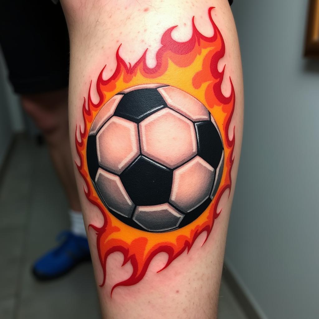 Realistic Soccer Ball Tattoo with Flames