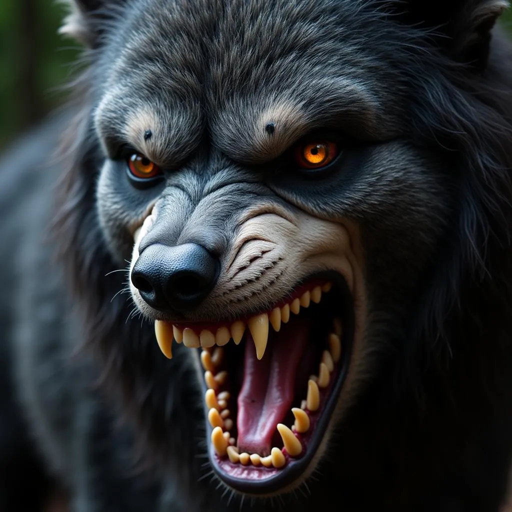 Close-up of a person wearing realistic werewolf makeup