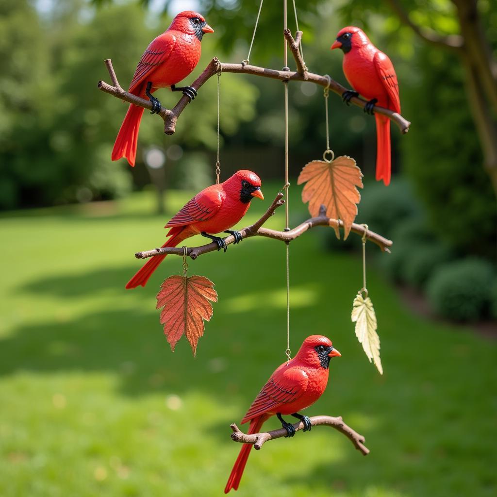 Red bird wind chimes hanging in a garden