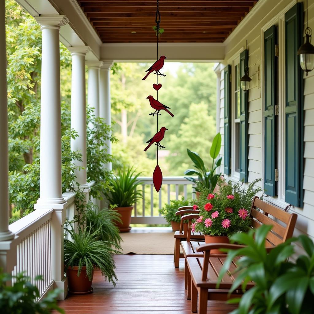 Red bird wind chimes decorating a porch