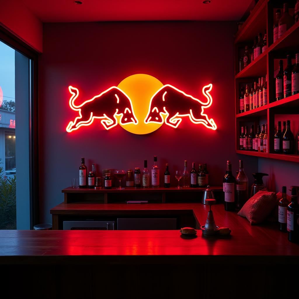 Red Bull neon sign illuminating a stylish home bar