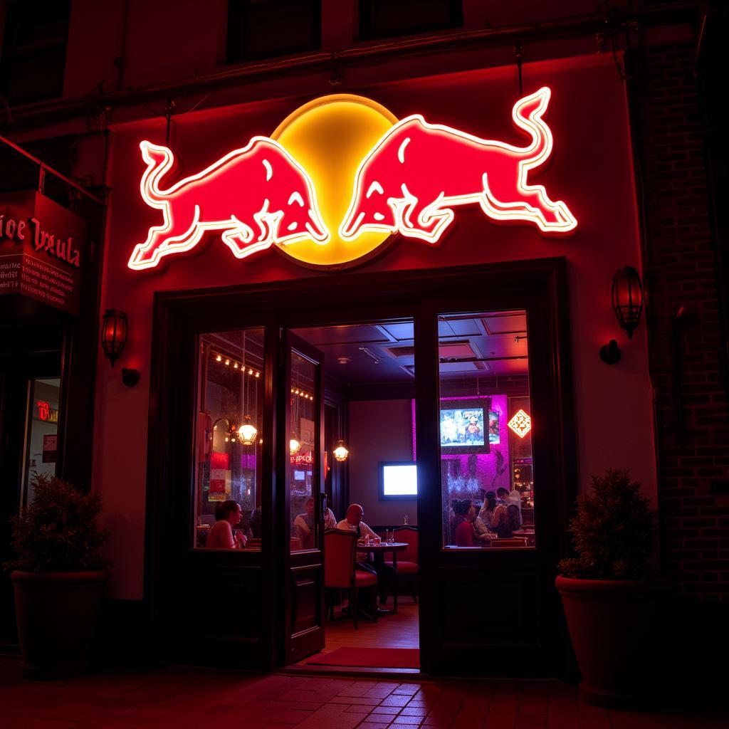 Red Bull neon sign illuminating a nightclub entrance