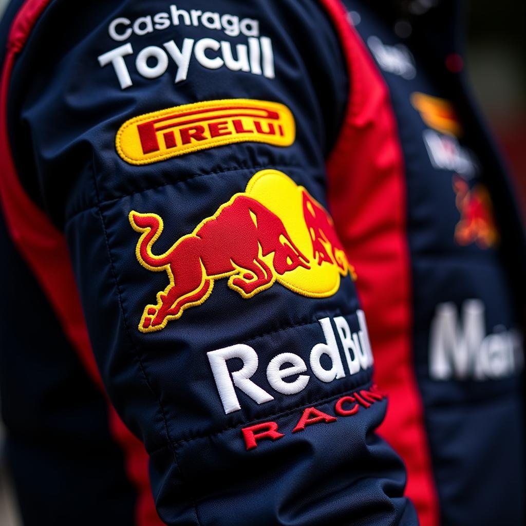 Close-up view of the Red Bull Racing patch on a racing suit