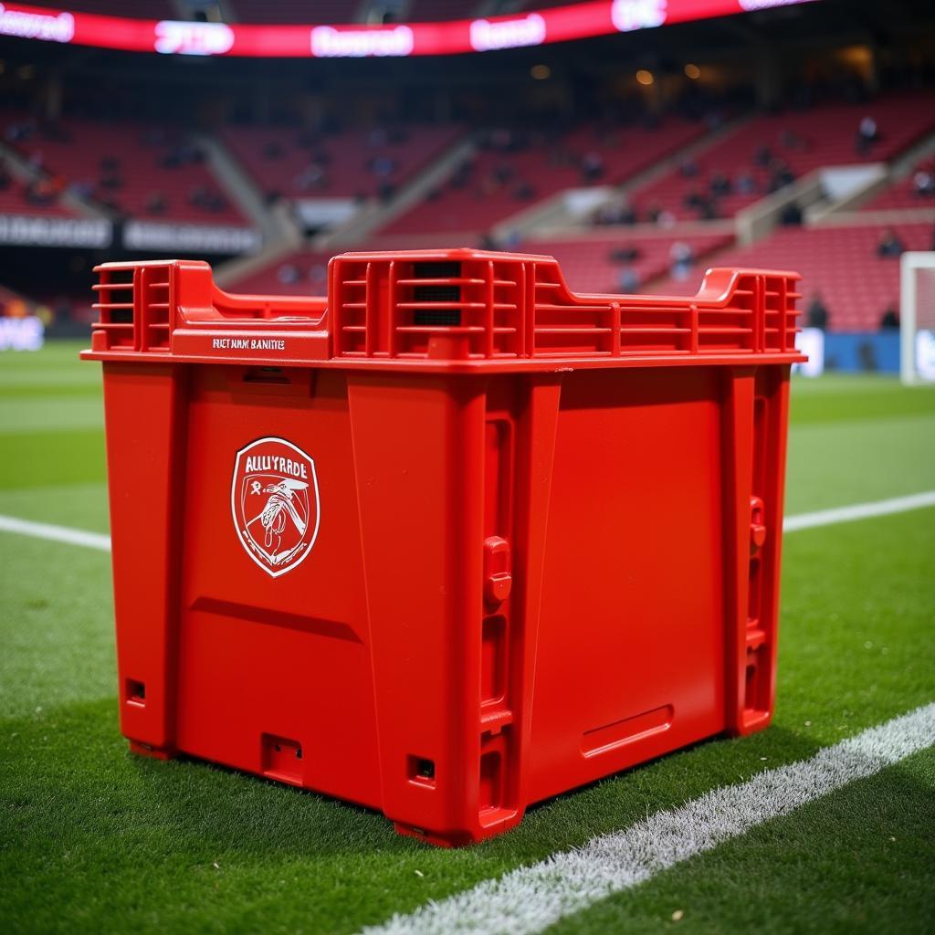 Red crate on the sidelines of a soccer field