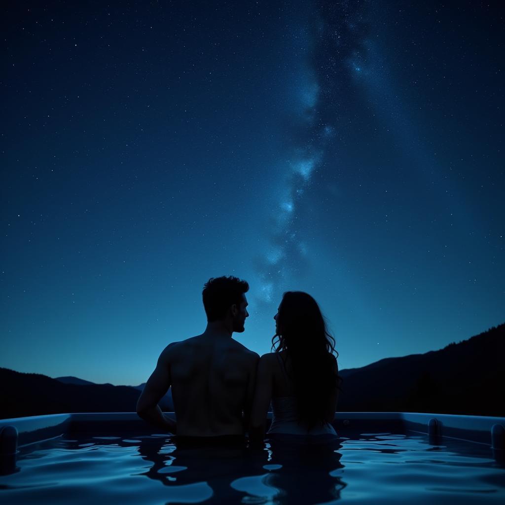 Couple relaxing in a hot tub under the stars