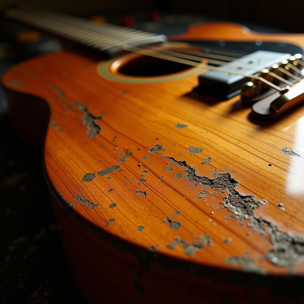 Close-up of a road worn guitar finish showing wear and tear