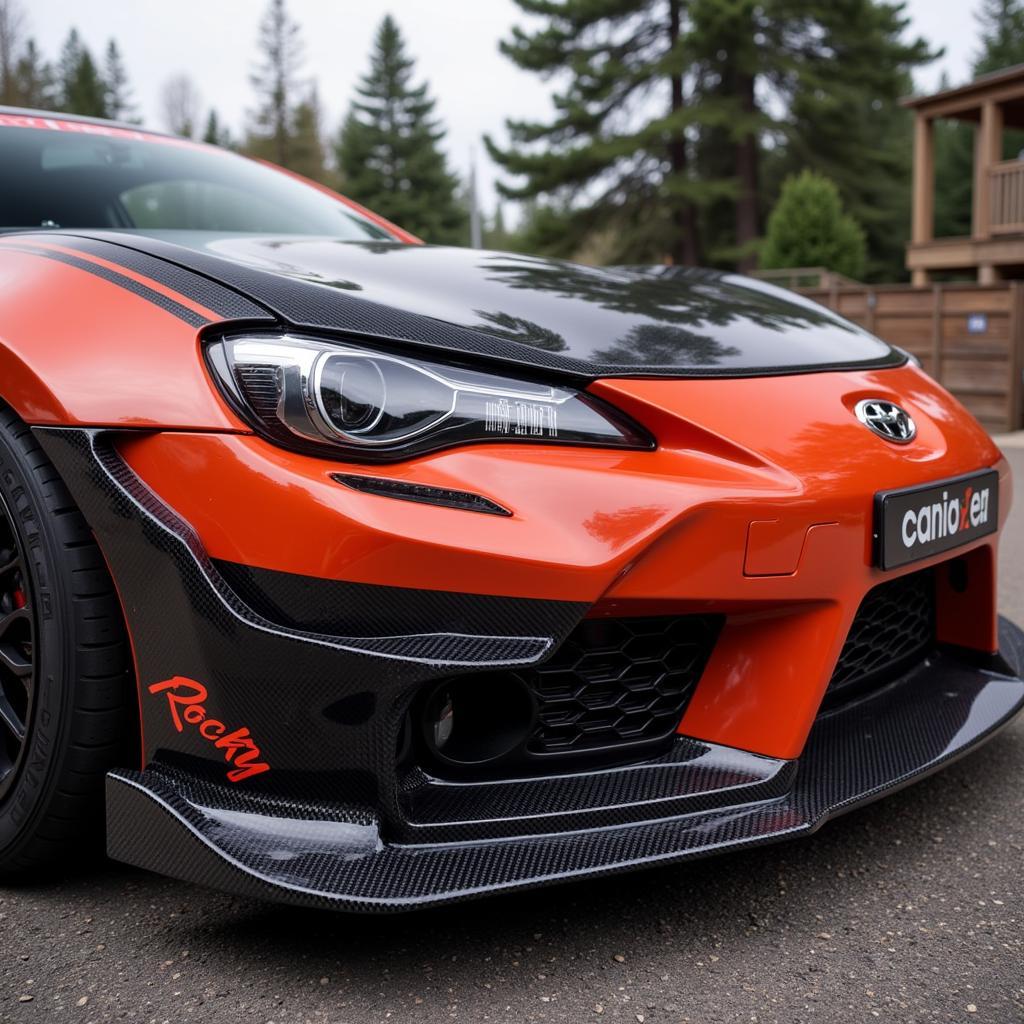 Close-up view of the front bumper on a Rocket Bunny kit for Toyota 86, highlighting the intricate design and aerodynamic elements.