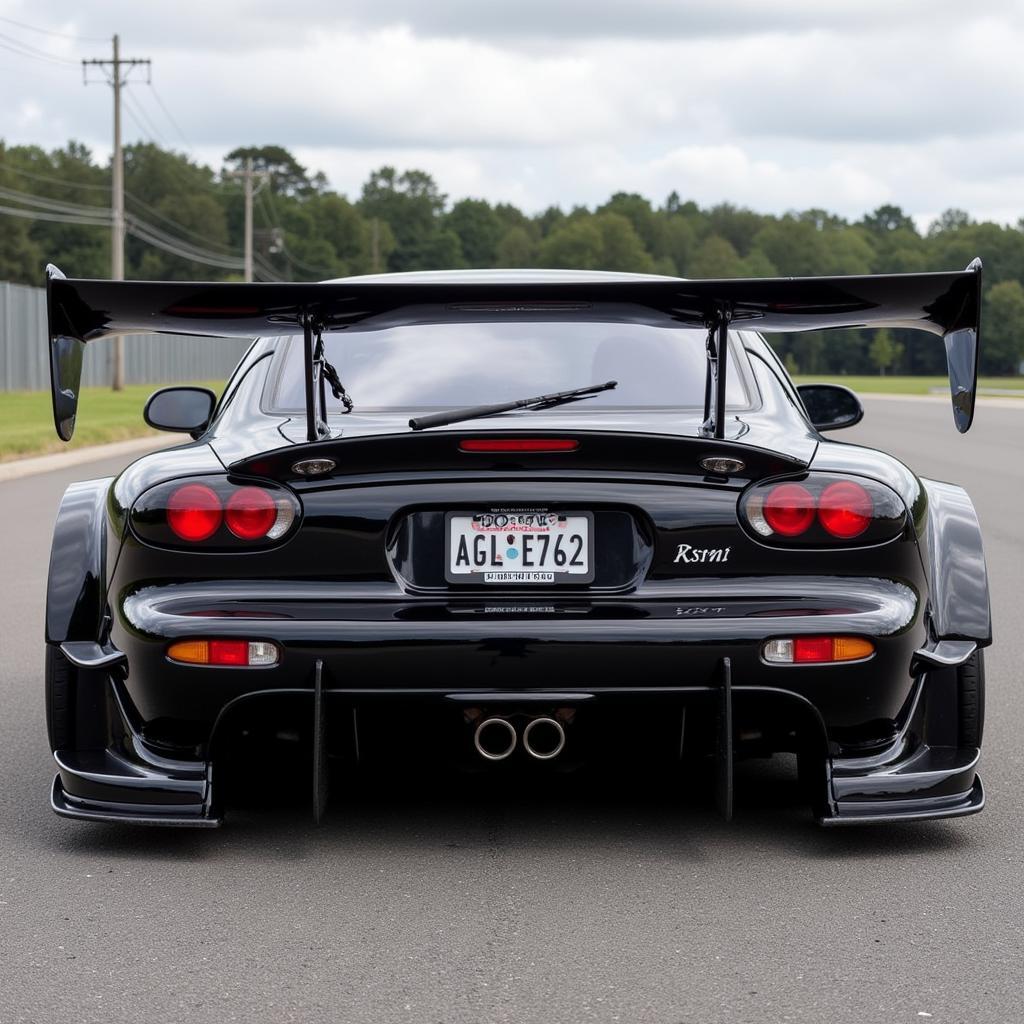 Black Rocket Bunny RX7 rear view showcasing widebody and spoiler