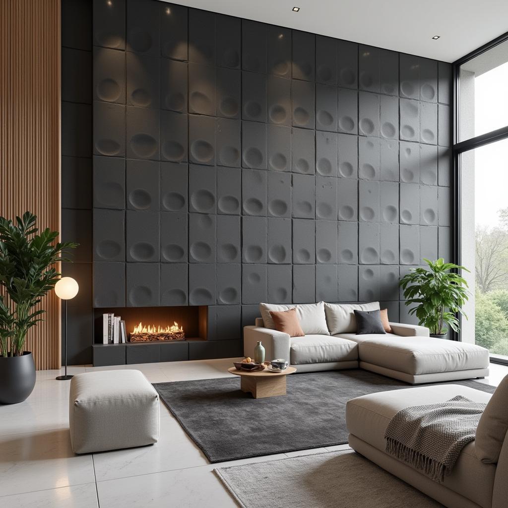 Living room with a dark grey rounded edge tile accent wall