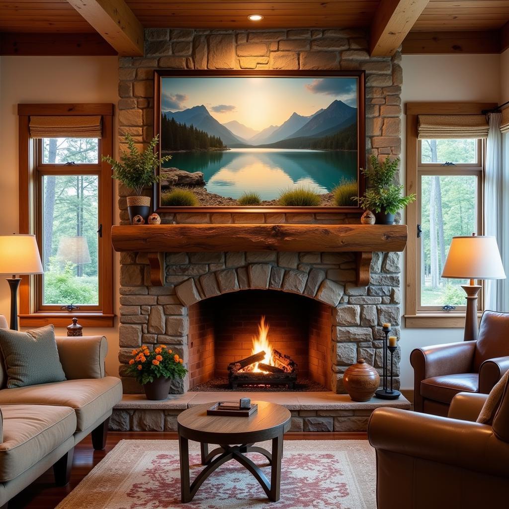 Rustic cabin living room with stone fireplace and landscape painting