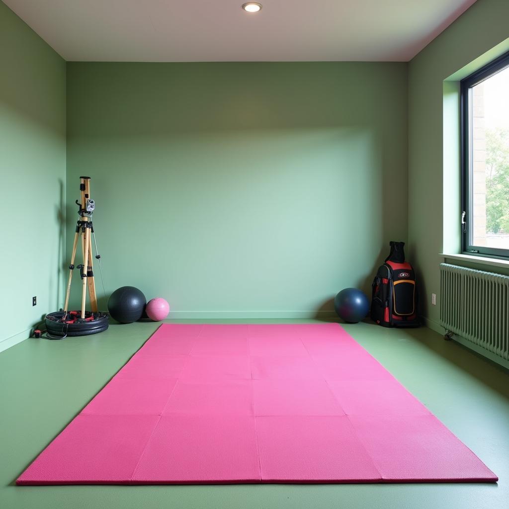 Yamal's training room with a sage wall and pink rug