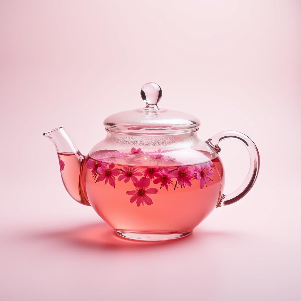 Sakura tea in a glass teapot with blossoms