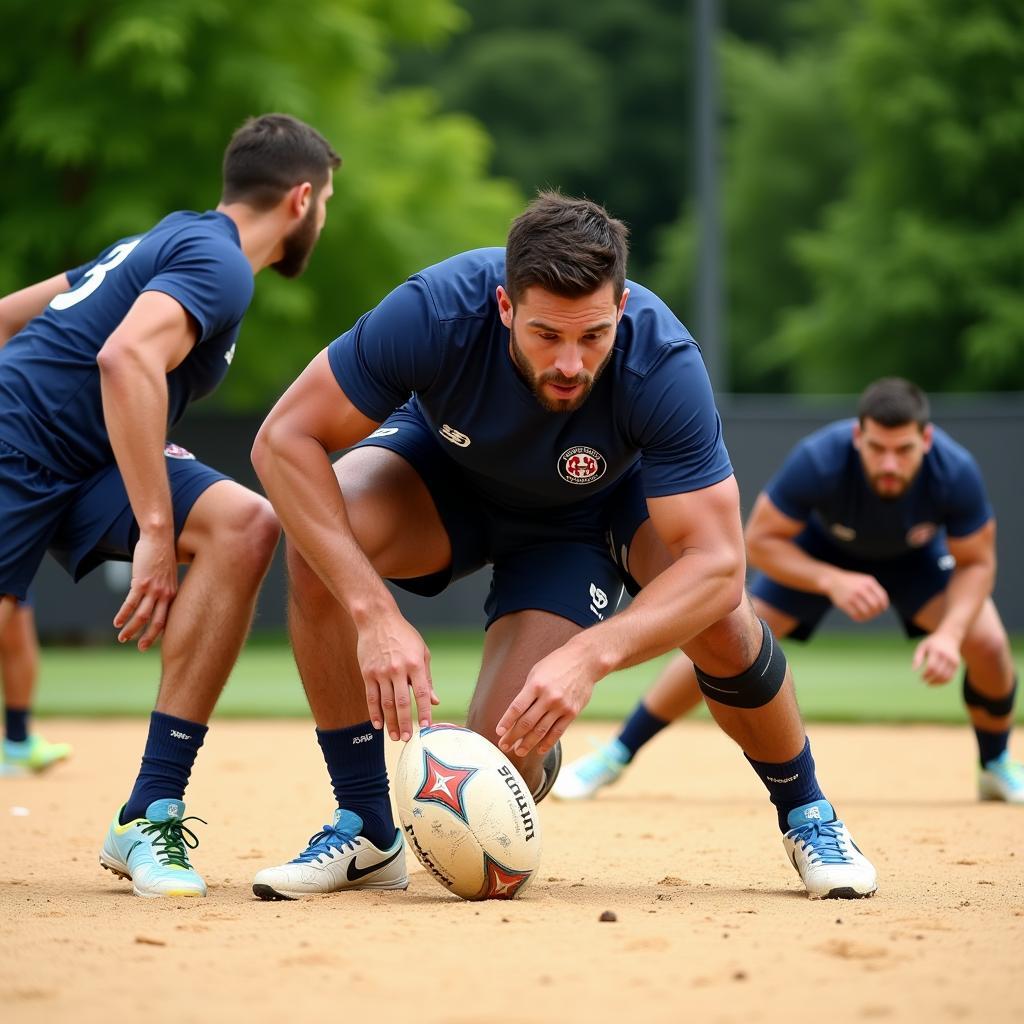 Professional football players training on sand flooring