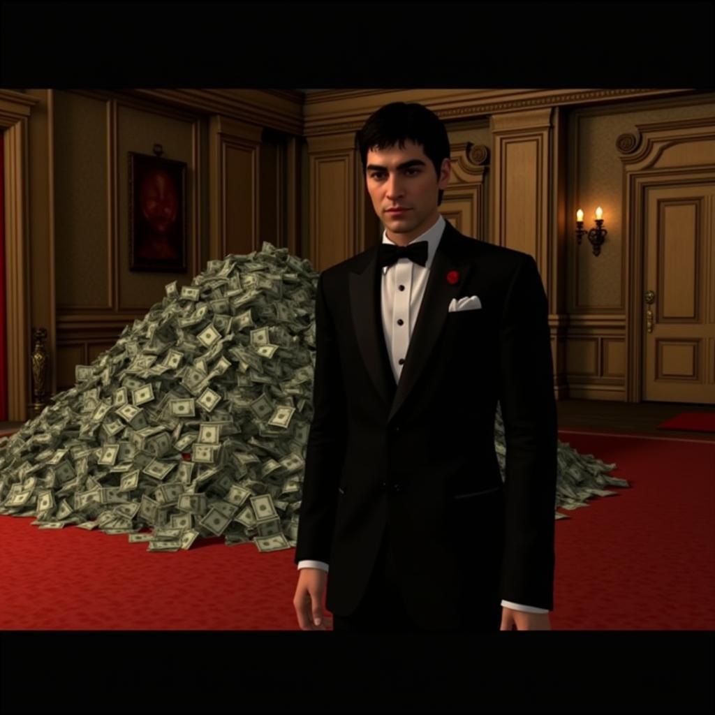 Tony Montana standing in front of a mountain of cash