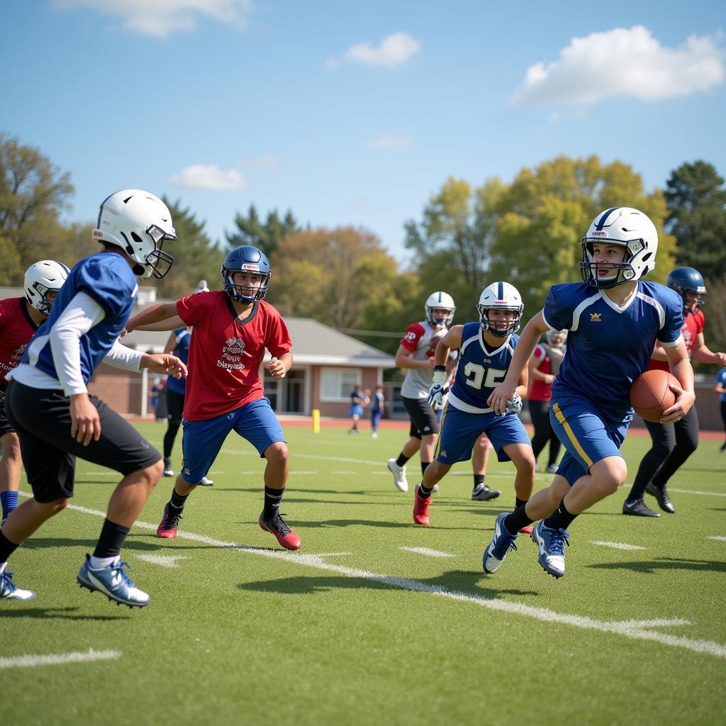 Football players participating in a scrimmage sim drill