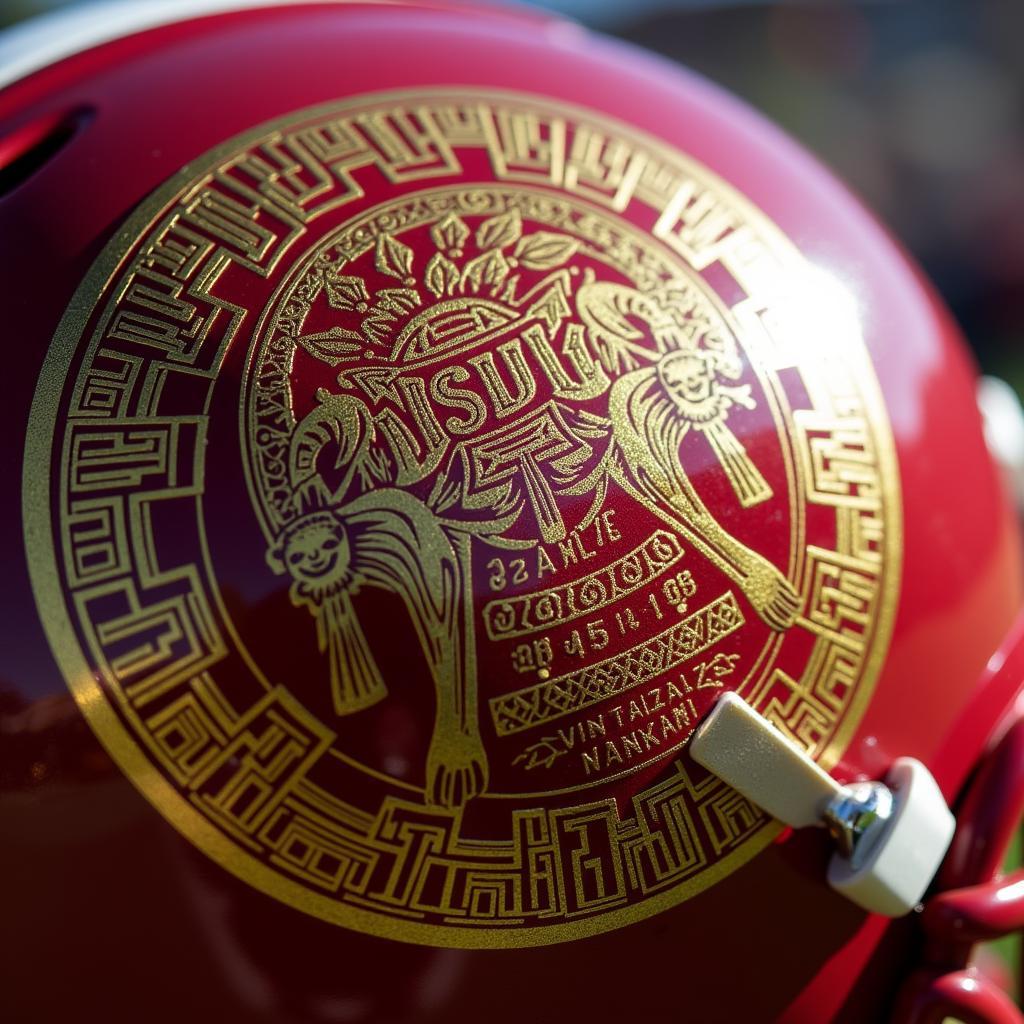 Close-up of the Aztec Calendar Decal on the SDSU Helmet